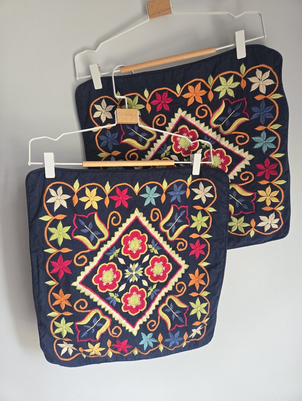 POTTERY BARN Navy Embroidered Floral Cushion Covers